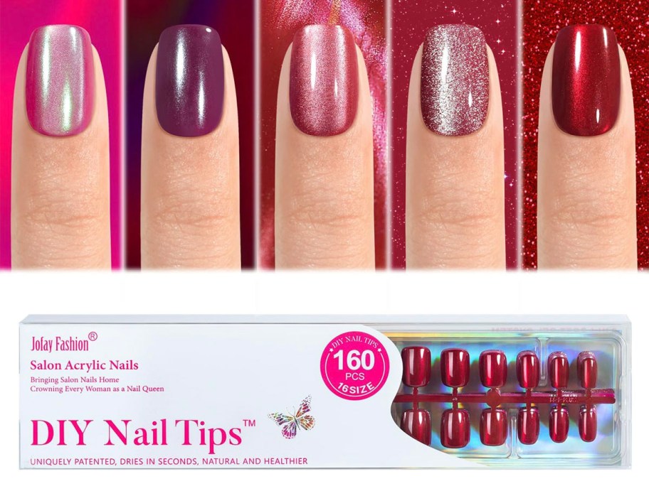 hand with red nails and nail kit under it 