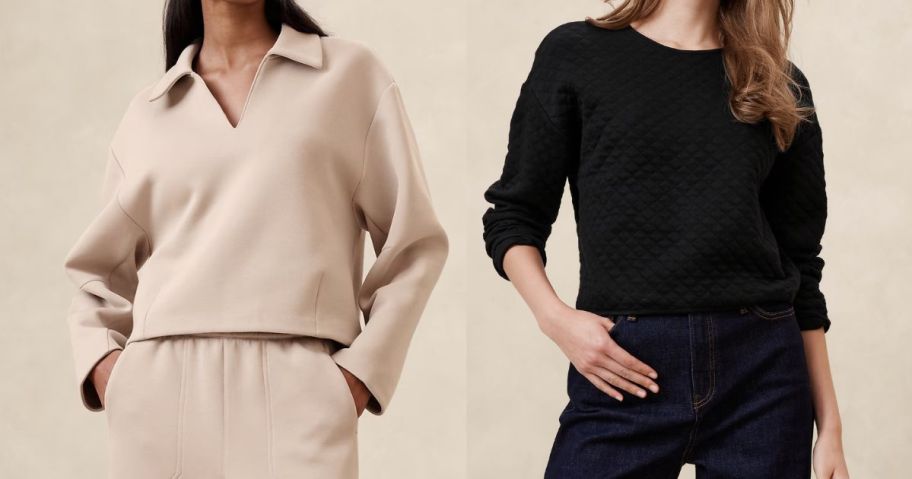 two women wearing a banana republic factory tan sweatshirt and a black sweatshirt