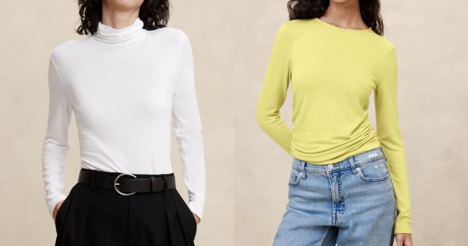 two women wearing a banana republic factory white top and a yellow top