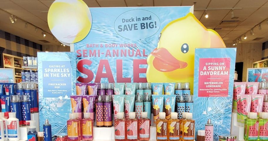 bath and body works semi annual sign and product display in store