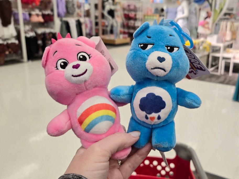 hand holding Care Bears plushes 