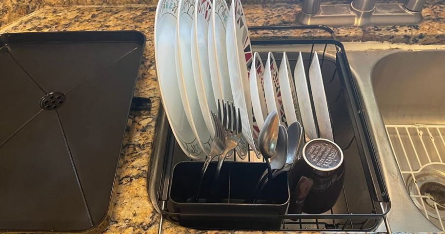 Kitsure Dish Drying Rack on counter with dishes in it and drainboard next to it