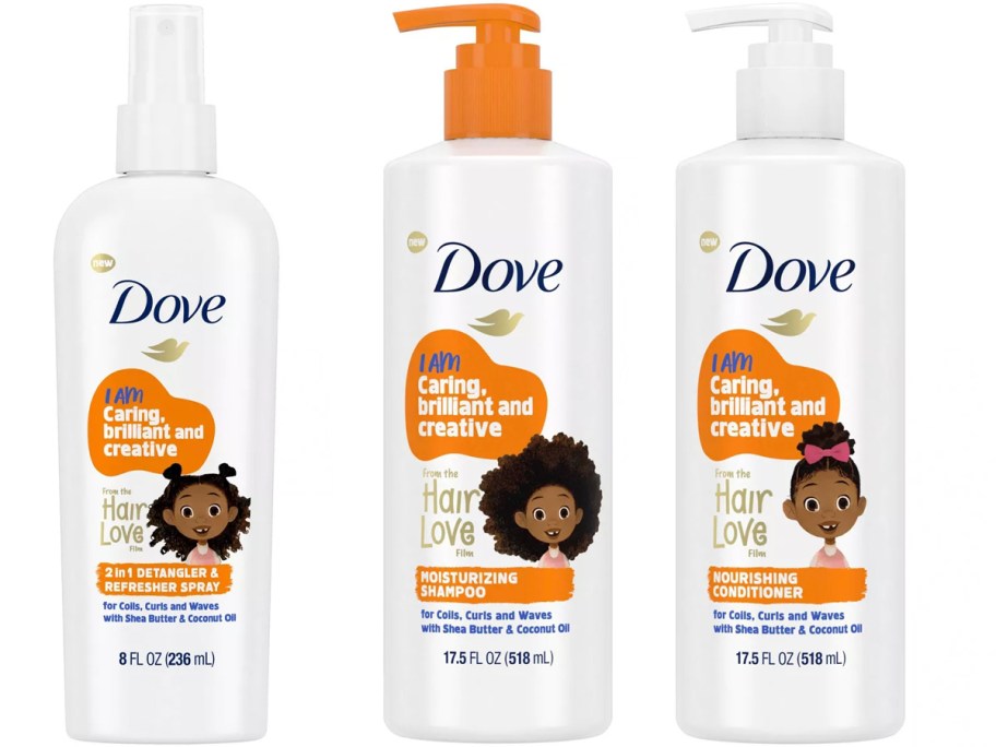 three bottles of dove kids beauty hair care products