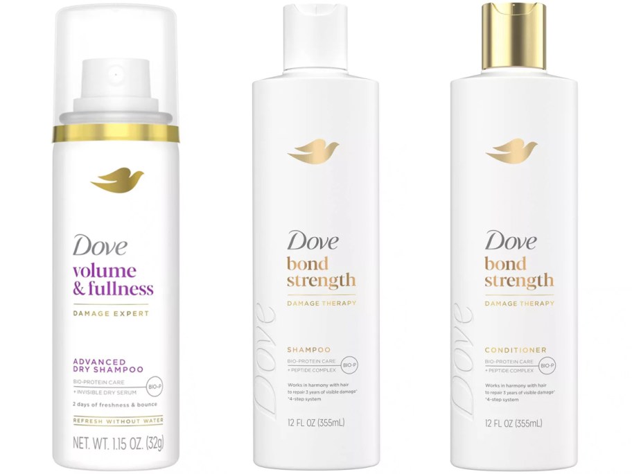 dove dry shampoo, shampoo, and conditioner bottles 