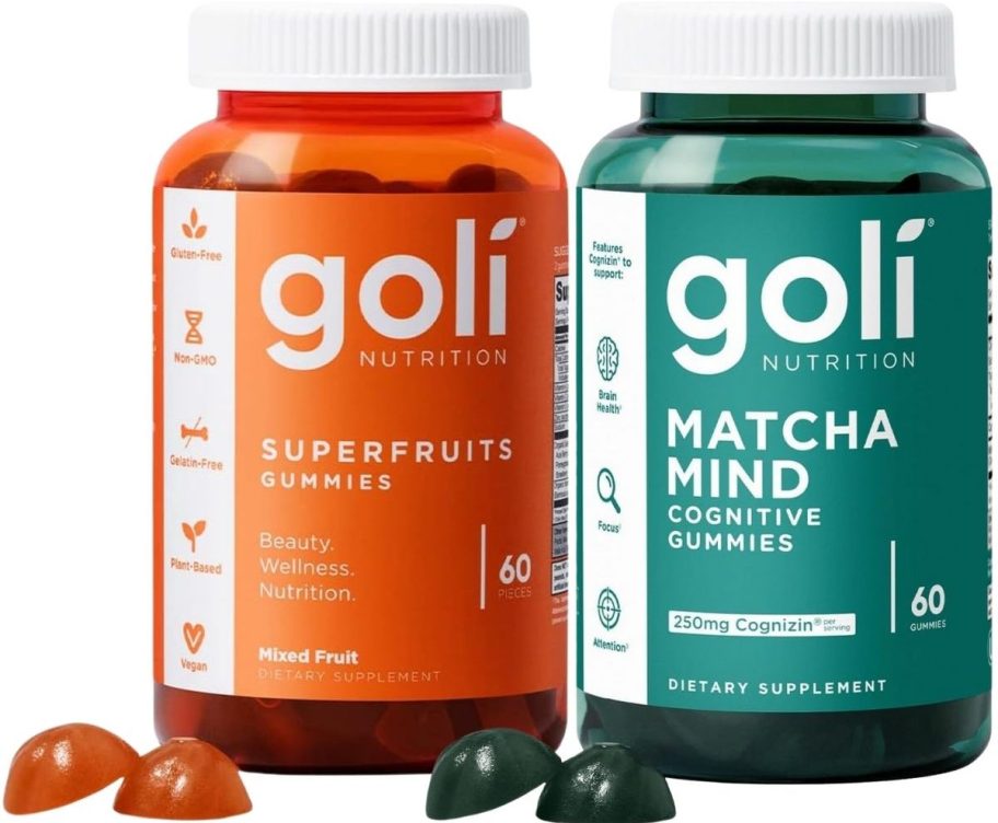 a bottle of superfruits gummies shown with a bottle of match mind boosting gummies