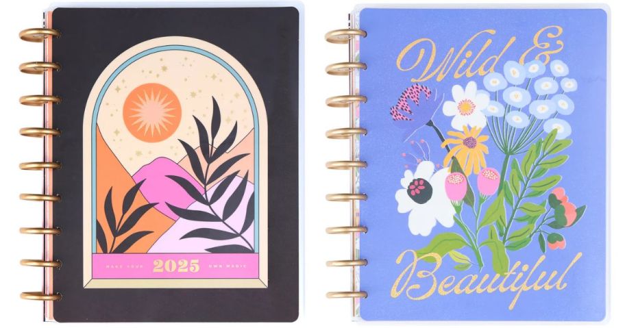 one desert scene and one green floral happy planner stock images