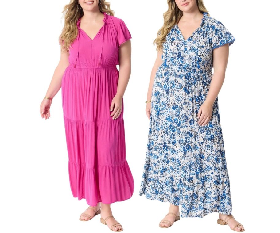two models wearing tiered maxi dresses