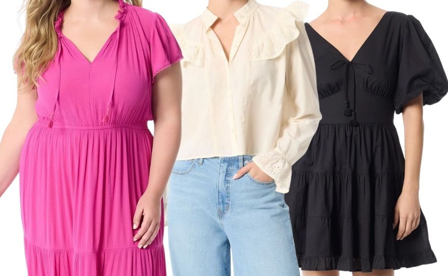 3 models wearing tops and dresses from the jessica simpson collection