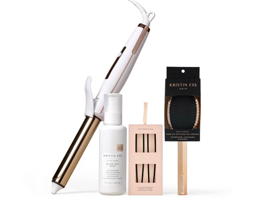 kristin ess curling iron, spray, french pins and brush