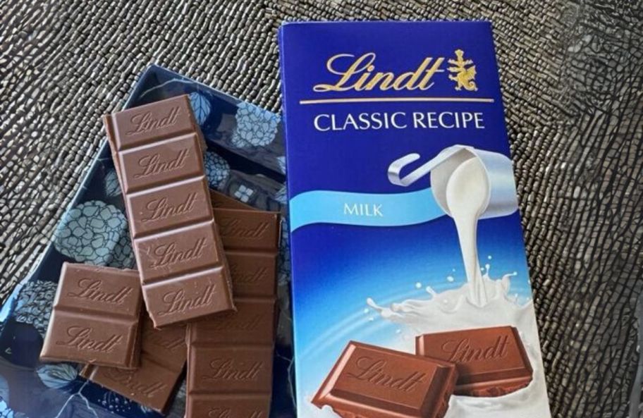 a bar of Lindt chocolate on a small plate