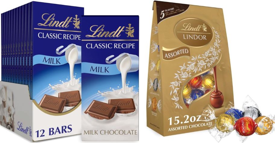 a 12 count pack of milk chocolate bars and a 15oz bag of assorted truffles