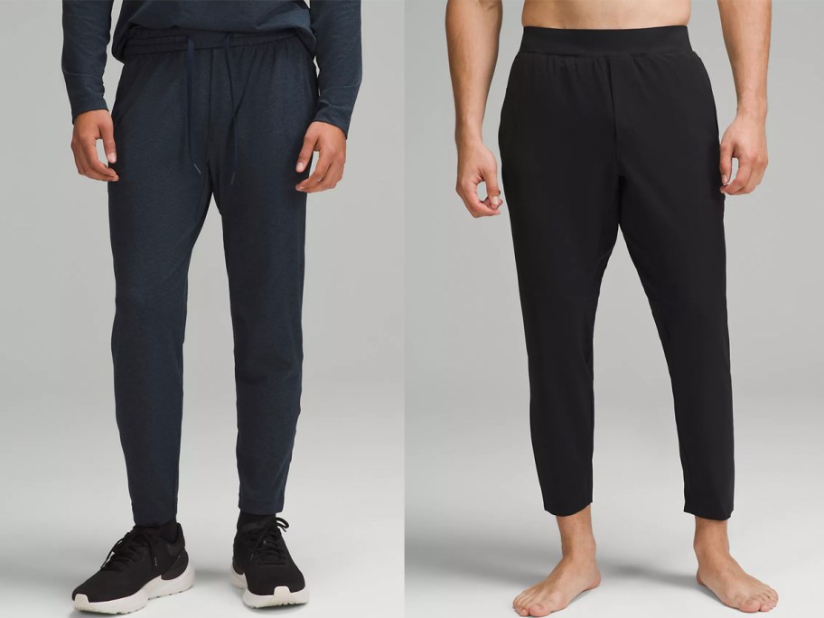 two men wearing blue and black pants 