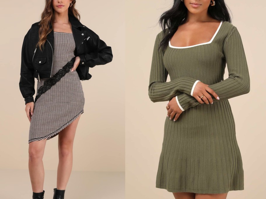Models wearing different sale lulus dresses in black and green