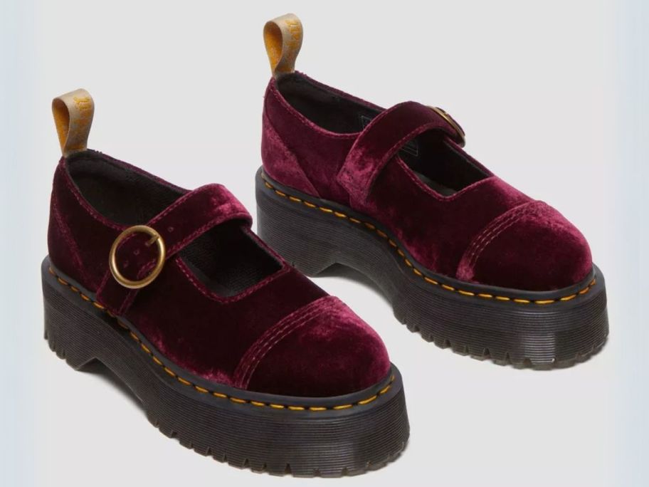 red Dr. Martens Addina Vegan Velvet Mary Jane Shoe stock image