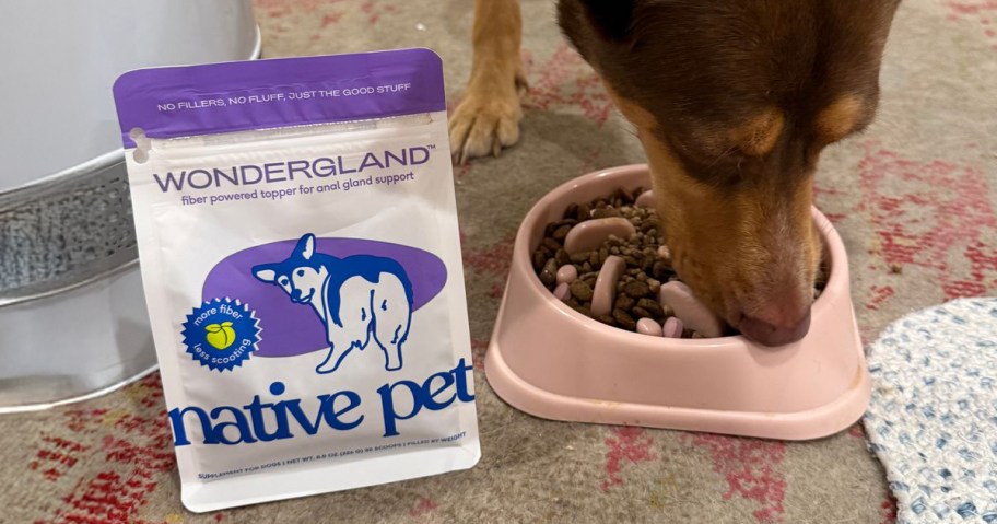 dog eating food next to bag of native pet wondergland supplement