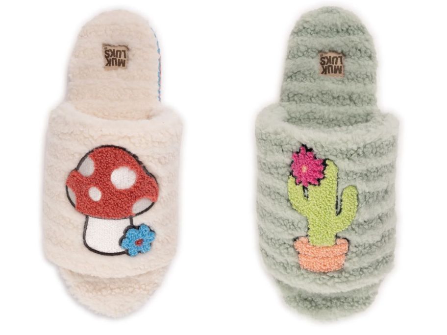 a mushroom and cactus print MUK LUKS Women's Graphic Cozy Slide Slipper stock images