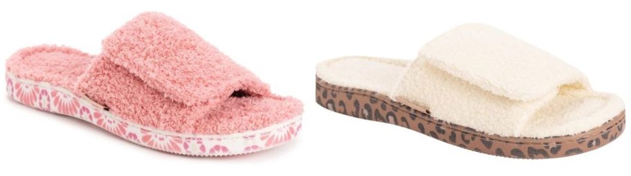 a pink and cream colored MUK LUKS Women's Adjustable Velcro Terry Slide stock images