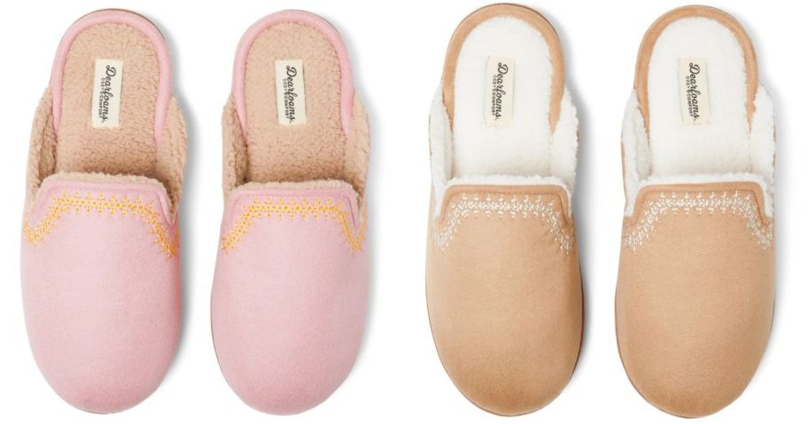 a pink and beige Dearfoams Cozy Comfort Women's Embroidered Clog Slipper stock images