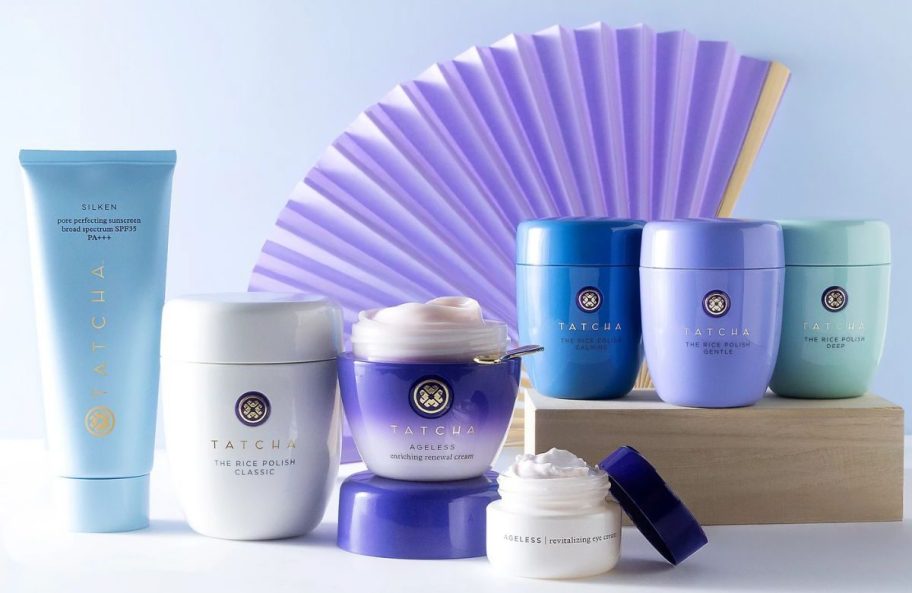 Tatcha skincare set on a display