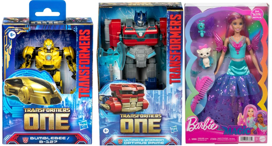 two transformers and barbie toys