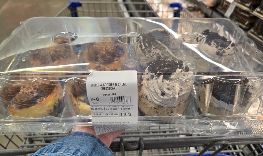 hand holding cookies n creme and turtle cheesecakes 