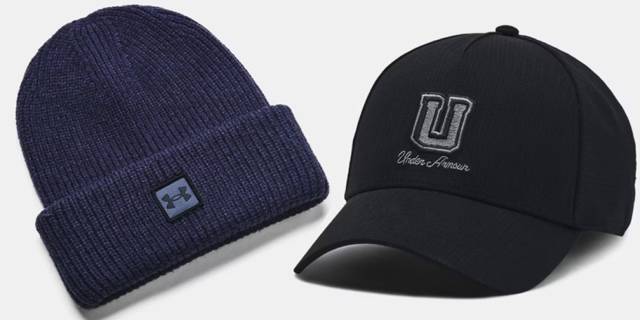 navy blue beanie and black hat 