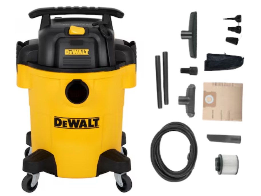  yellow and black DEWALT Corded canister Wet/Dry Shop Vacuum with various accessories next to it