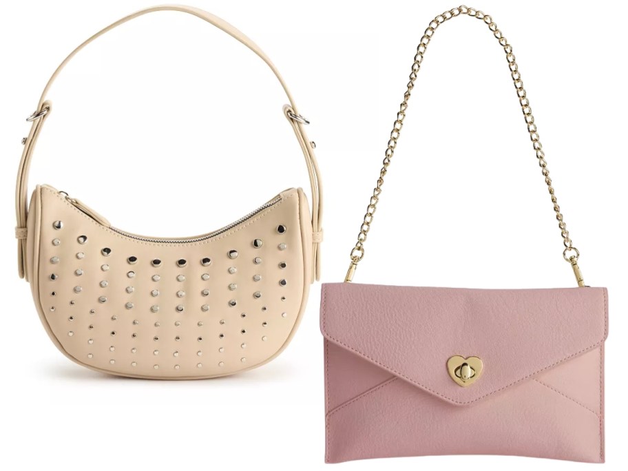 a cream and silver half moon shape purse and a light purple envelope style purse with a gold shoulder chain