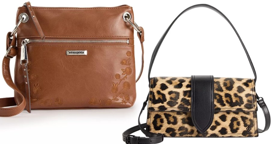 a brown crossbody bag and a leopard print handbag
