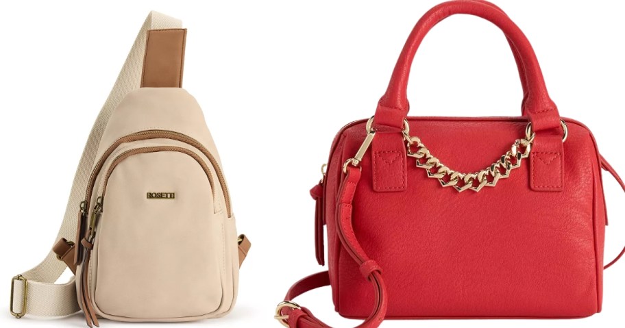 a cream color sling bag and a red handbag