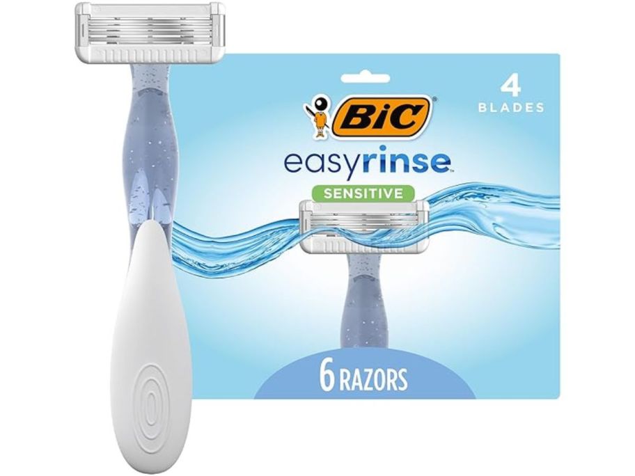 blue sparkly razor next to a box of more razors