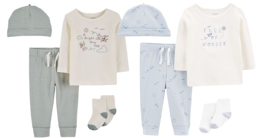 2 baby outfits including hats and socks