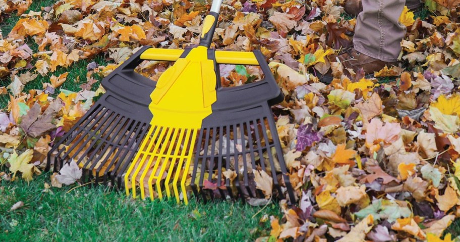 Expert Gardener 3-in-1 Leaf Rake in front of a pile of leaves