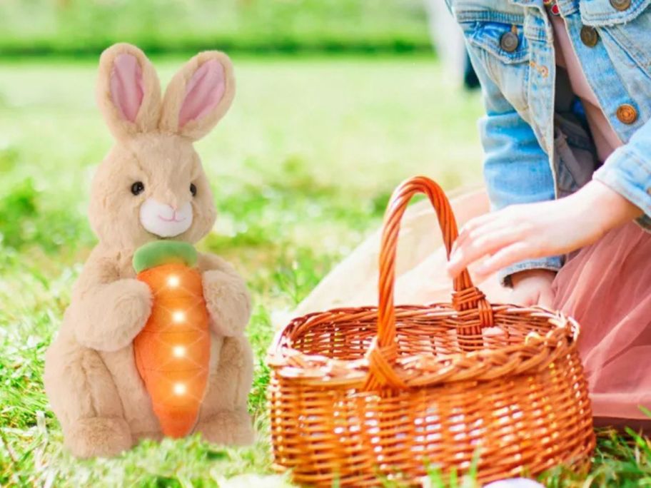 A plush bunny with a glowing carrot near an Easter basket