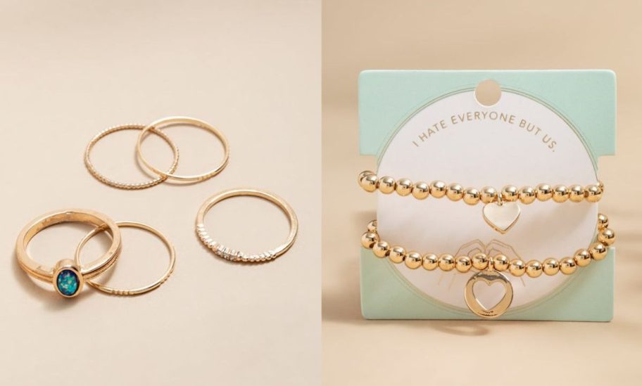 Stock images of a 5-pack of rings and a bracelet set