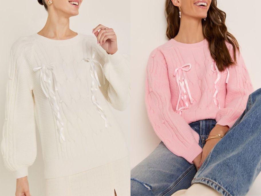 Images of two women wearing Francesca's bow sweaters