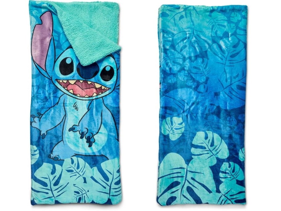the front and back of a Disney Stitch kids sleeping bag