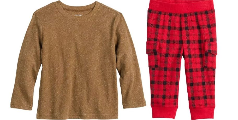 A brown long-sleeved shirt and a pair of red plaid pants
