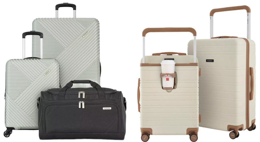 Two travel luggage sets—one sage and black three-piece set with hardside spinners and a duffel bag, and one beige and brown two-piece hardside spinner set featuring an integrated cup holder.