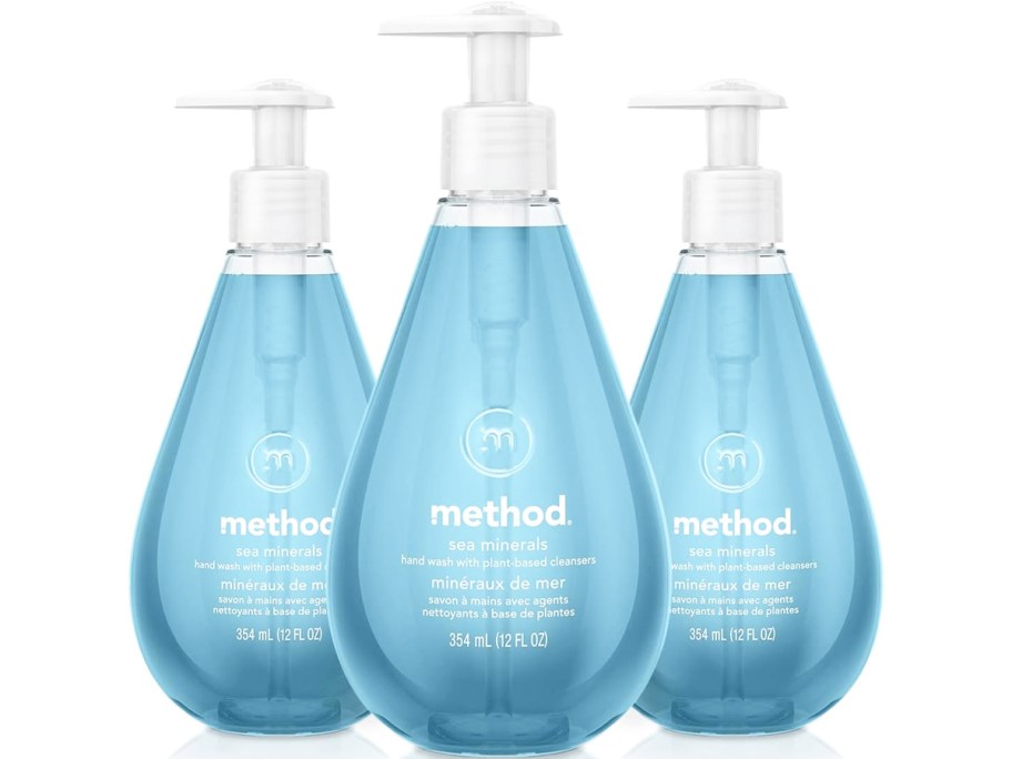 three blue bottles of method hand soap