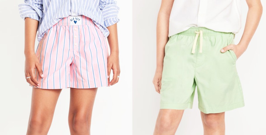 girl in pink striped shorts and boy in green shorts