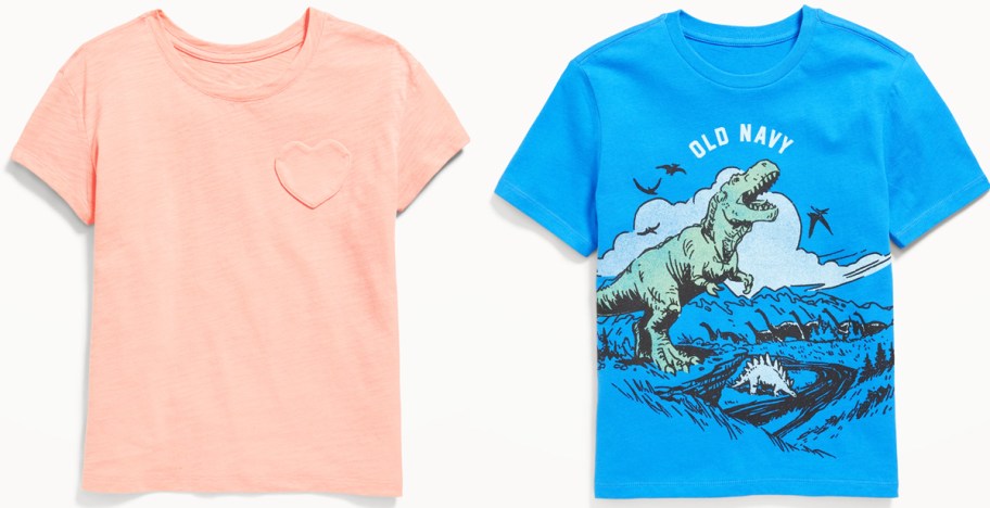 pink shirt with heart pocket and blue dinosaur graphic tee