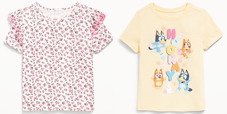 floral print and yellow bluey graphic tee