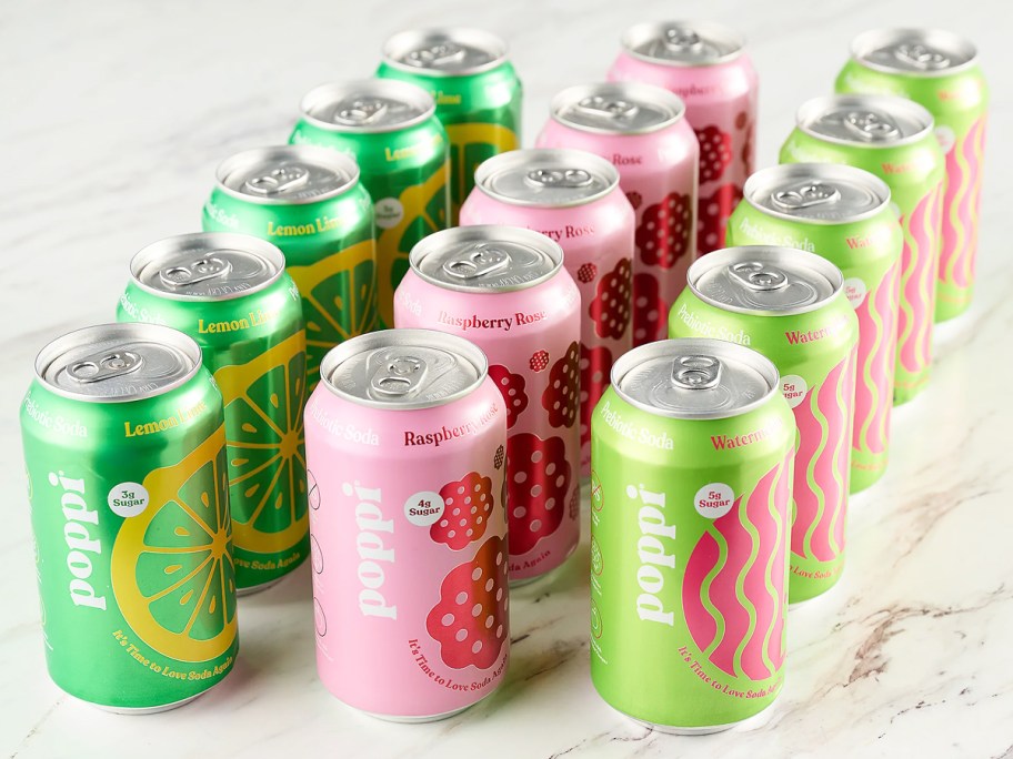 cans of poppi sodas in a row in 3 different flavors