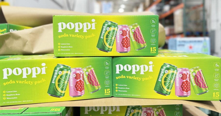 stack of Poppi soda variety pack cases