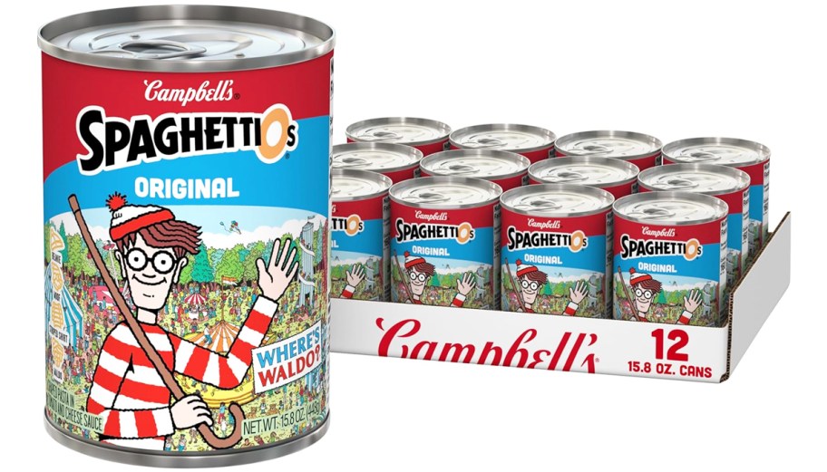 case of SpaghettiOs Where’s Waldo pasta with large can in front of it