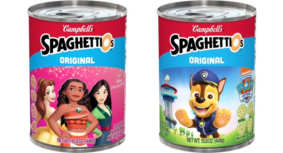 cans of disney princess and paw patrol SpaghettiOs