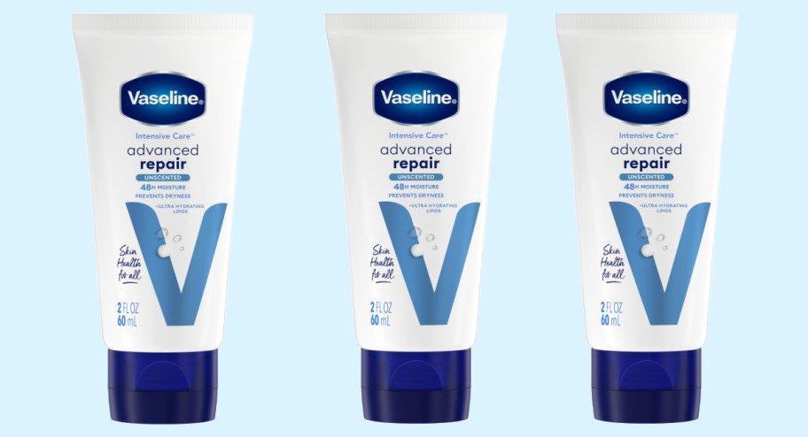 three images of Vaseline-advanced-repair lotions with a blue background