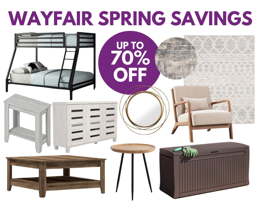 wayfair spring savings graphic with various stock photos of furniture and rugs