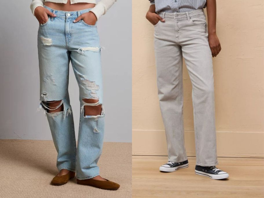 two women wearing american eagle jeans